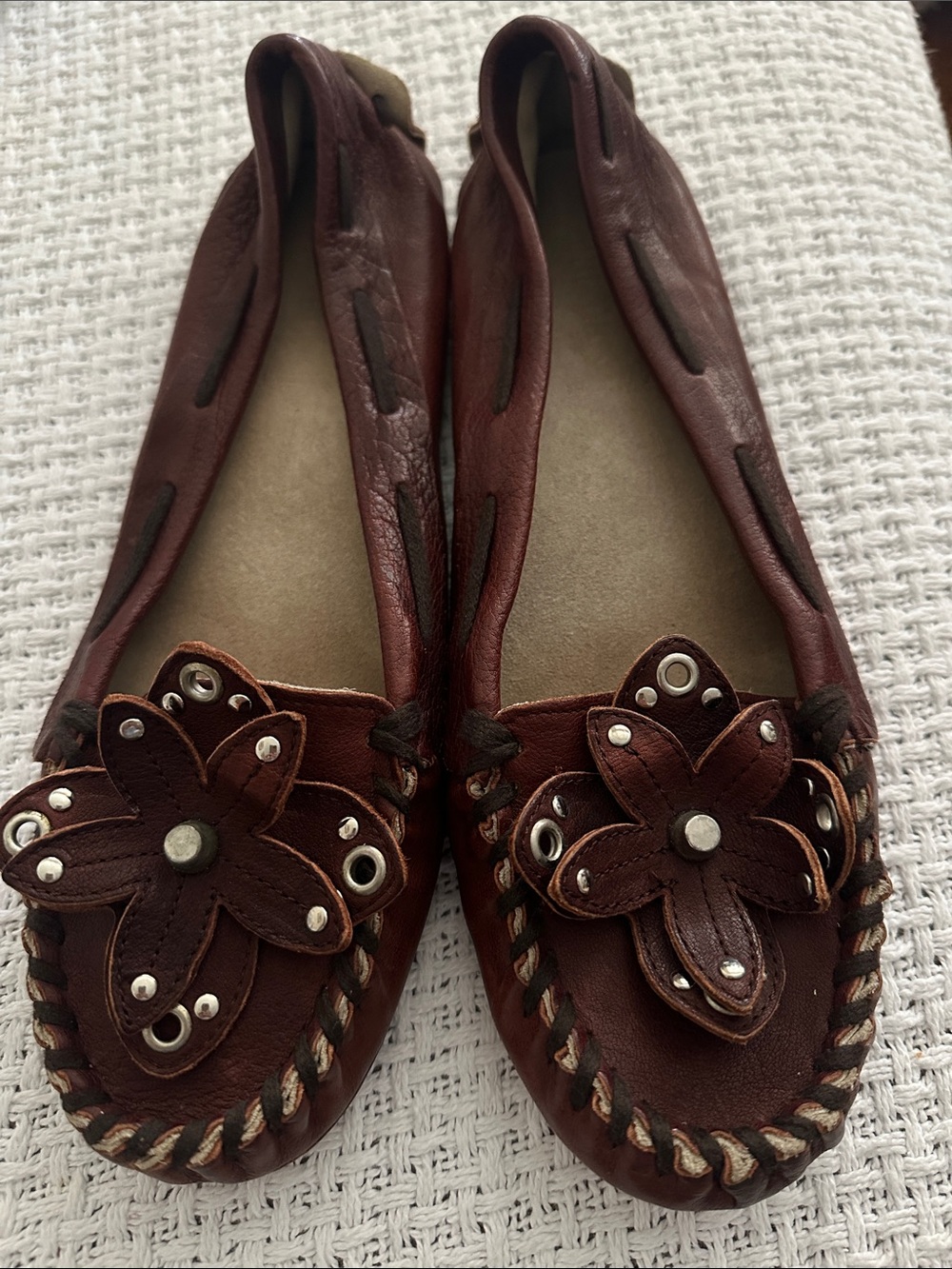 Miu miu Brown Leather Floral Moccasin Flats 9.5
